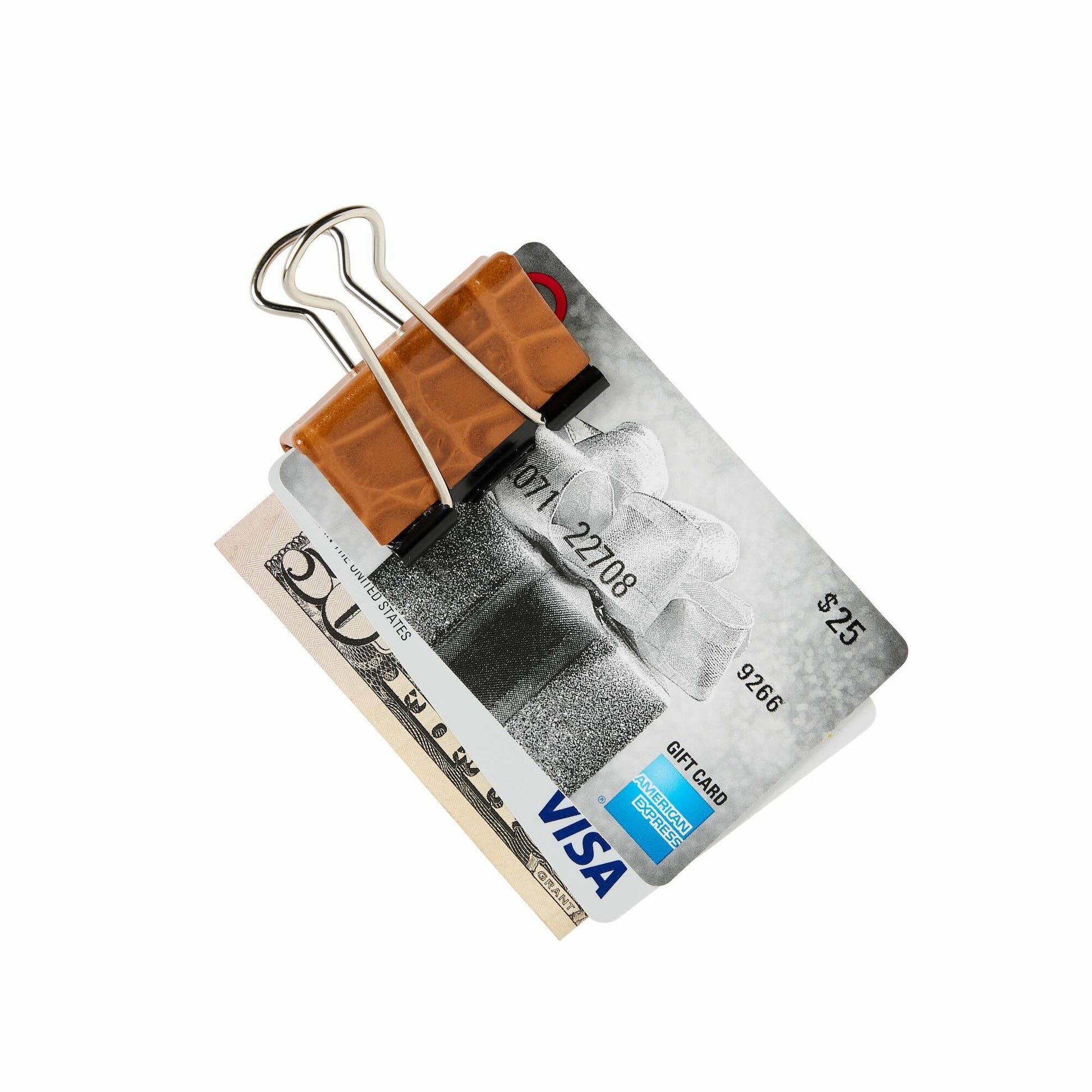 Men's cognac leather croc money clip holding cash and cards