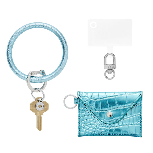 Blue Ombre Mini Envelope Set with wallet wristlet shown with key ring bracelet.
