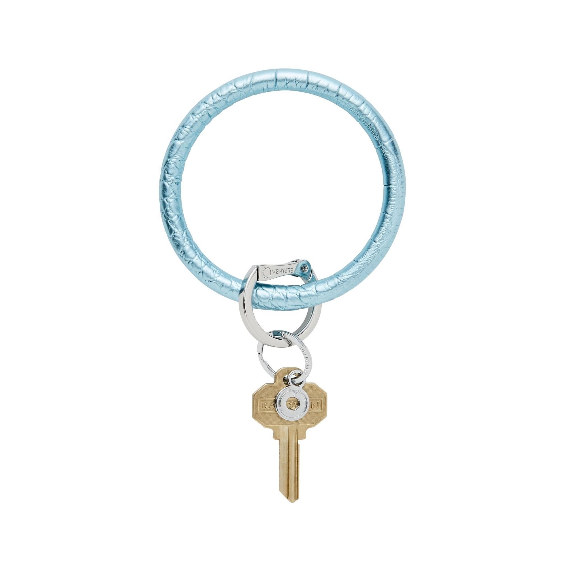 Metallic light blue croc embossed leather big o key rings with silver locking clasp