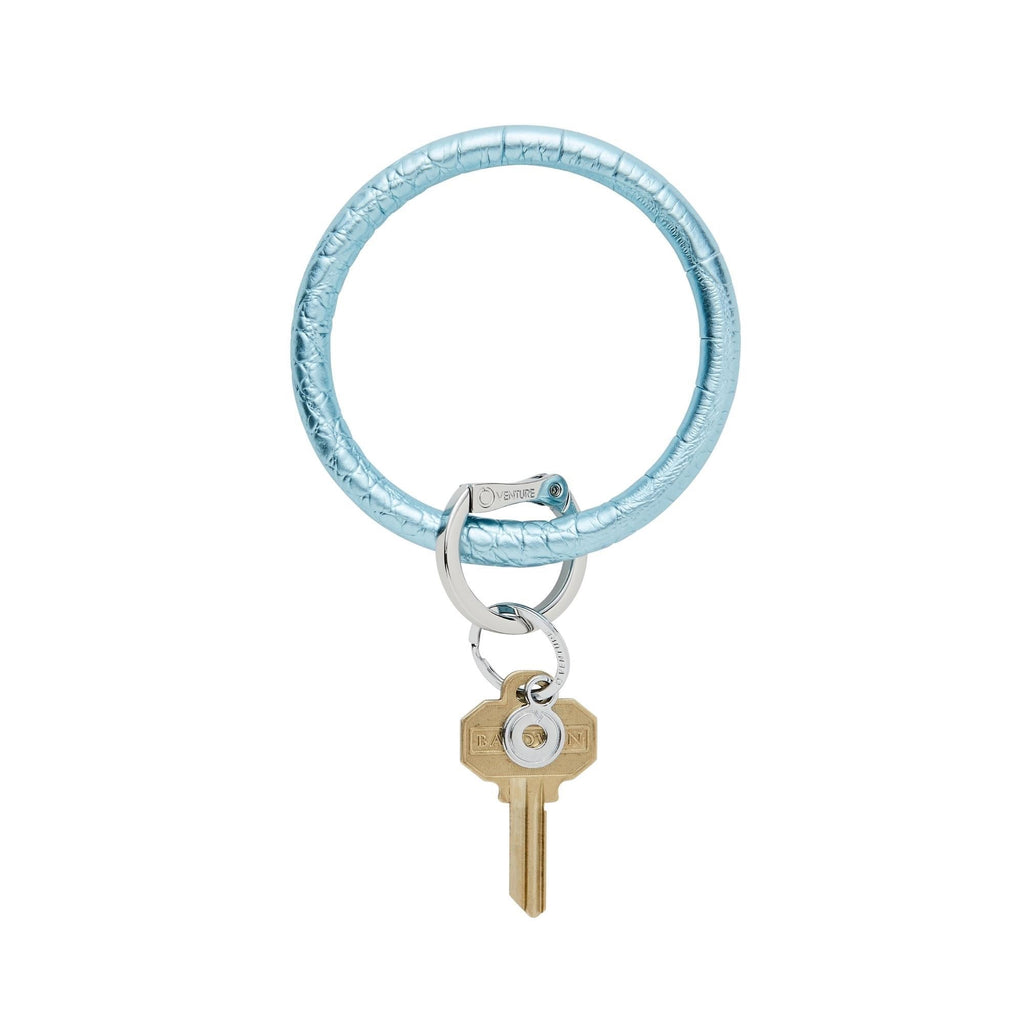 Metallic light blue croc embossed leather big o key rings with silver locking clasp