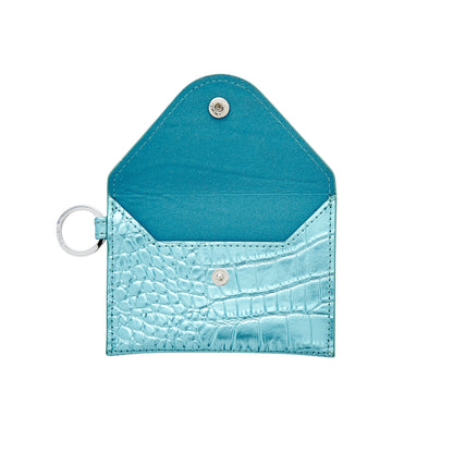 Stylish leather keychain wallet in mini envelope design shown open with blue liner.