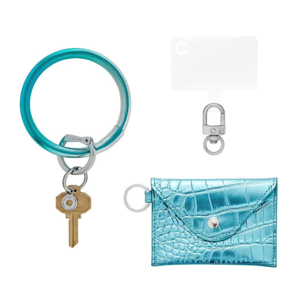 Oventure On the Rocks leather big o keyring in blue to silver ombre leather with a mini envelope in on the rocks and phone connector