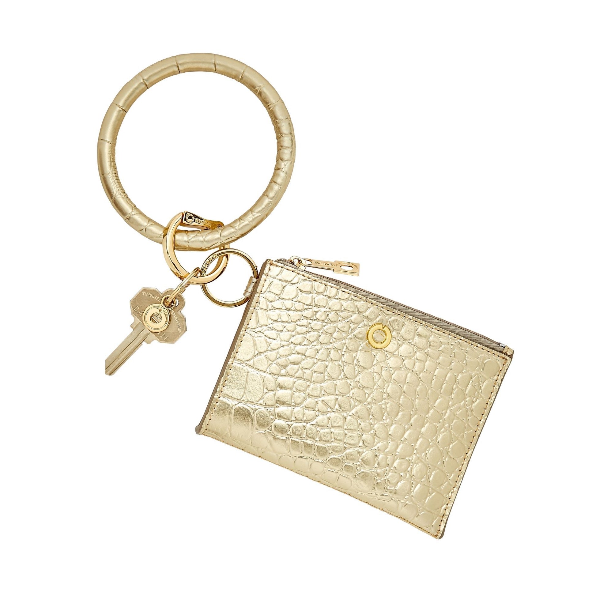 Solid Gold Rush Croc-Embossed - Ossential Leather Card Case by Oventure in solid Gold Rush Croc attached to the Big O Key ring in Solid Gold rush Croc