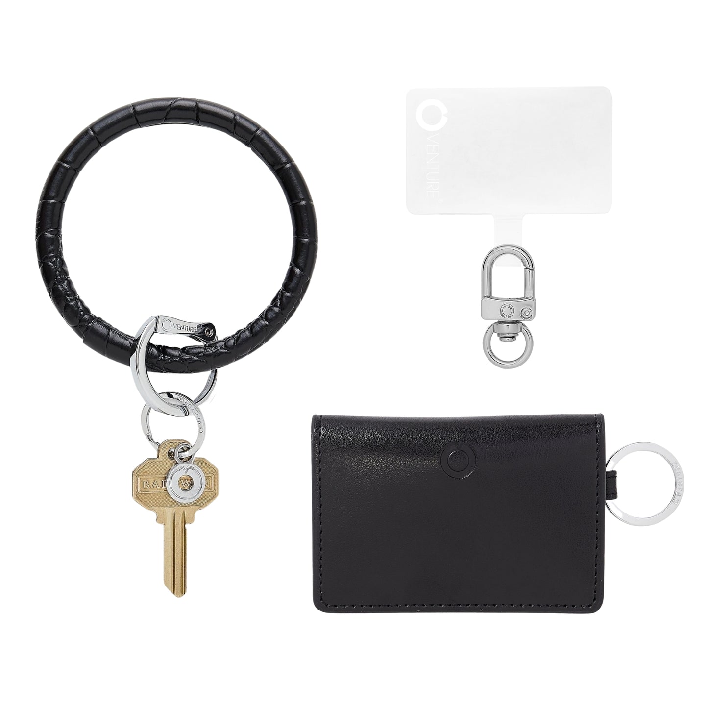 Big O Key Ring in Black Croc Leather with wallet in black leather and phone connector.