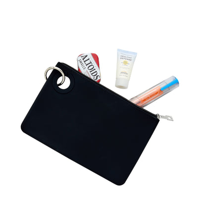 Oventure large silicone pouch filled with mints, sunscreen and epipen