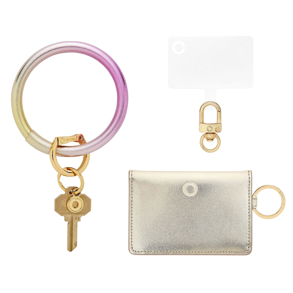 Oventure Leather Ombre Big O Keyring in pink to gold with gold id  and phone connector by Oventure