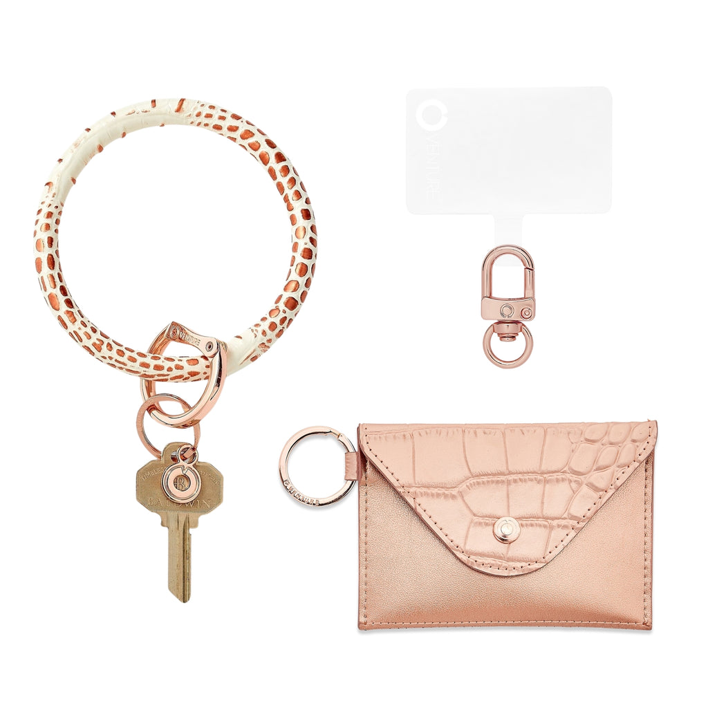 Rose Gold Croc Leather Big O Key Ring with Solid Rose Gold Croc Mini Envelope with Phone Connector Attached