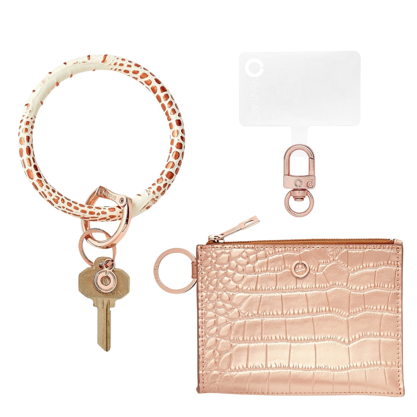 Rose Gold Croc Leather Big O Key Ring with Rose Gold Solid Ossential wallet
