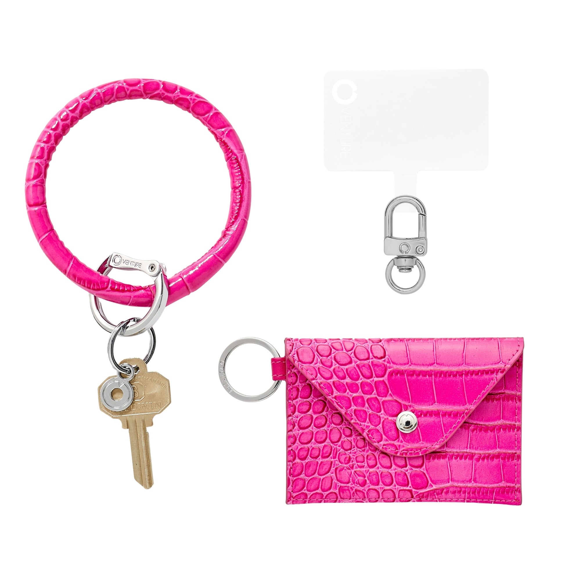 Pink mini envelope wallet wristlet with phone holder.