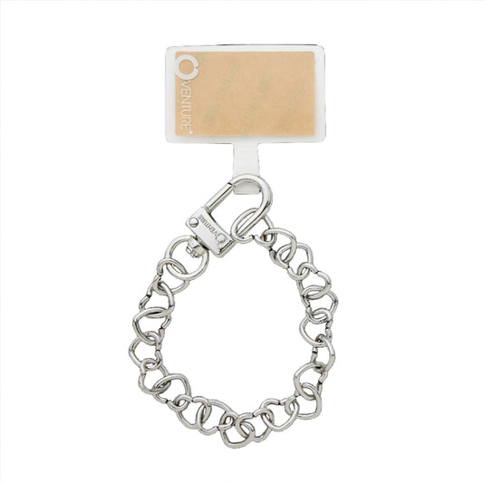 Silver heart chain phone charm doubles as a handsfree wristlet.