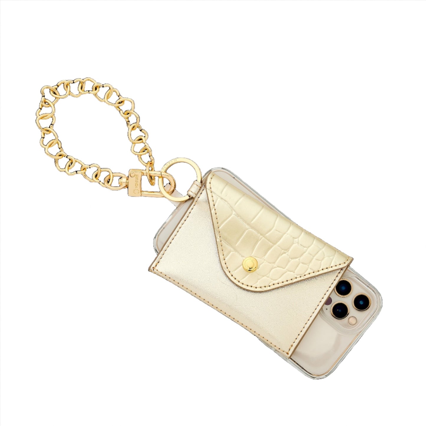 A stylish phone charm in gold heart links for hands free convenience.