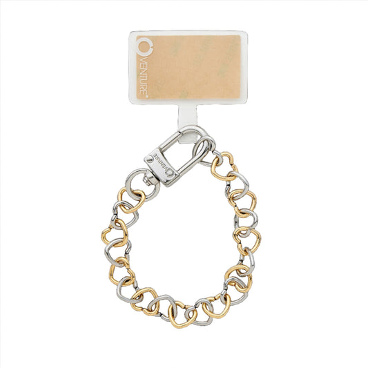 Gold and silver heart chain phone charm accessory.