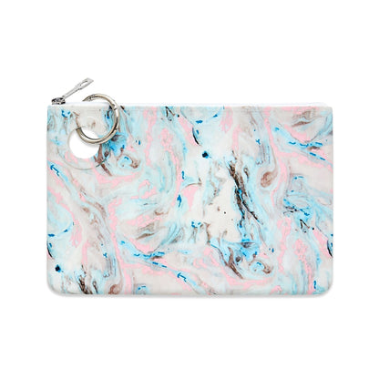 Baby blue, light pink, off white marble swirl print large silicone pouch