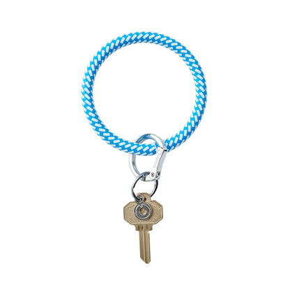 Blue and white braided leather big o key ring with silver locking clasp