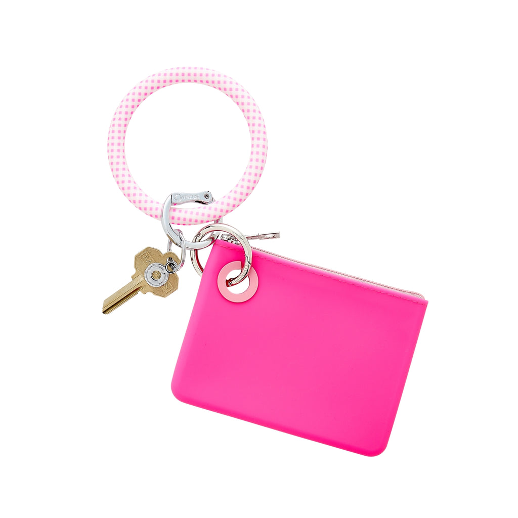 Big O Key Ring in pink gingham with mini silicone pouch in tickled pink.
