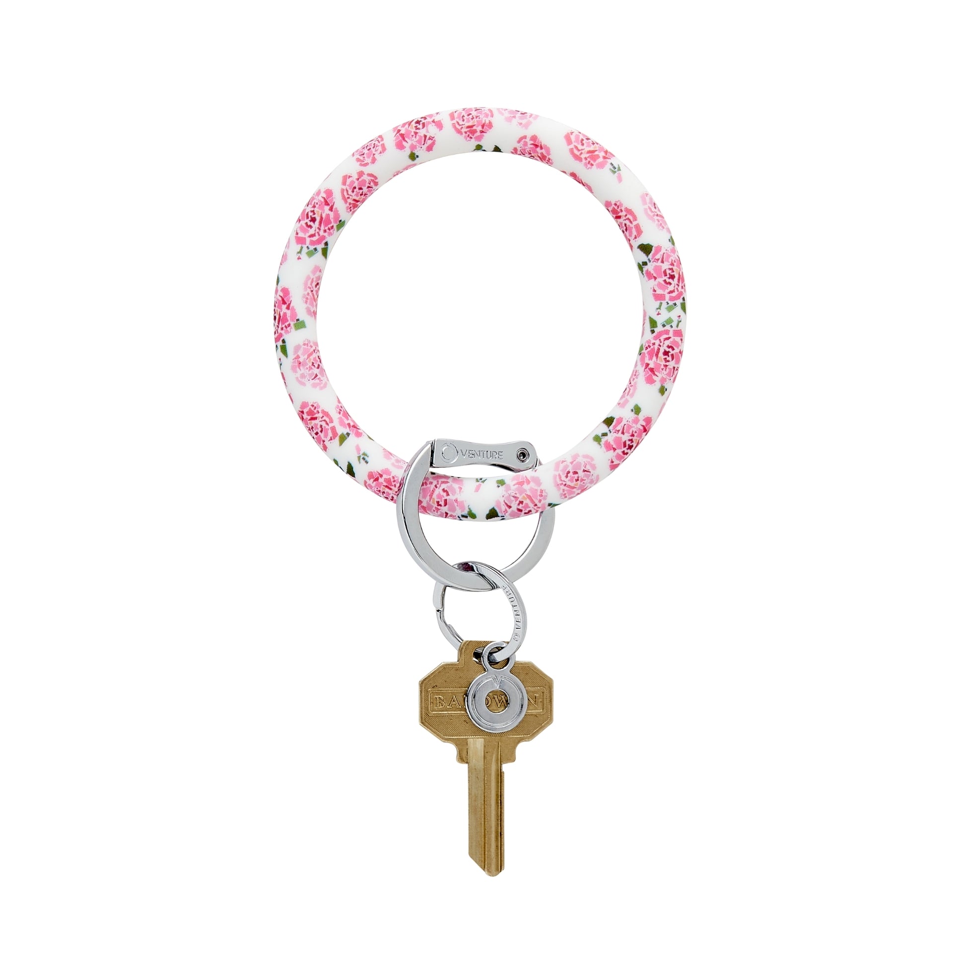 Big O Keyring in Fifty States Print. The pink peonies are made up of fifty states shapes in various colors of pink.