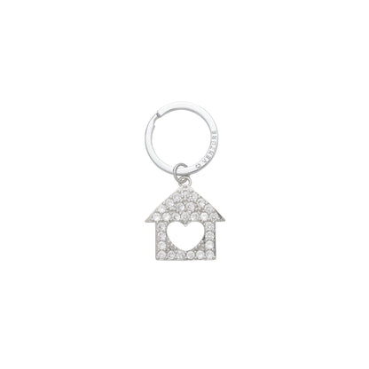 Home with a heart center key chain. The bejeweled charm can be added to your big O Key ring or work as a stand alone key chain in silver