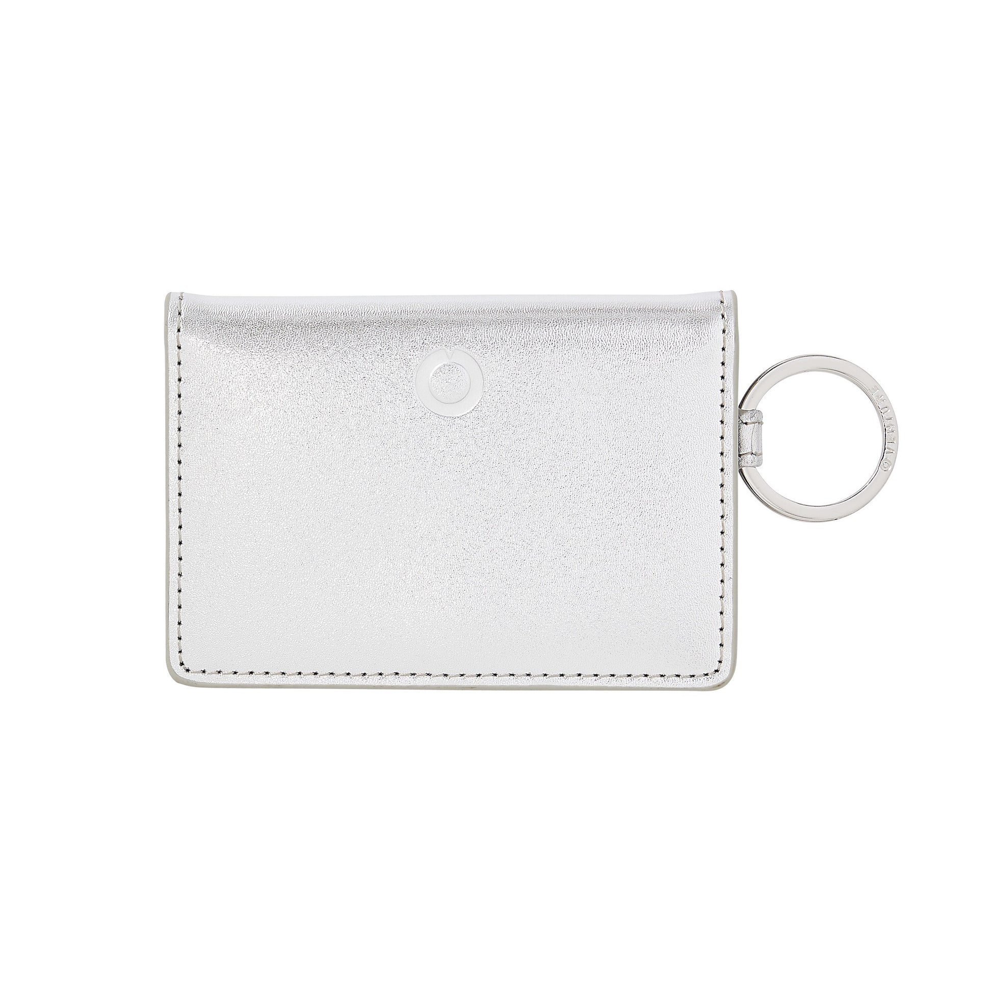 Silver leather bifold keychain wallet with compartments in silver leather.