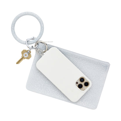 Stylish Large Pouch Wristlet with Phone Holder in silver confetti.