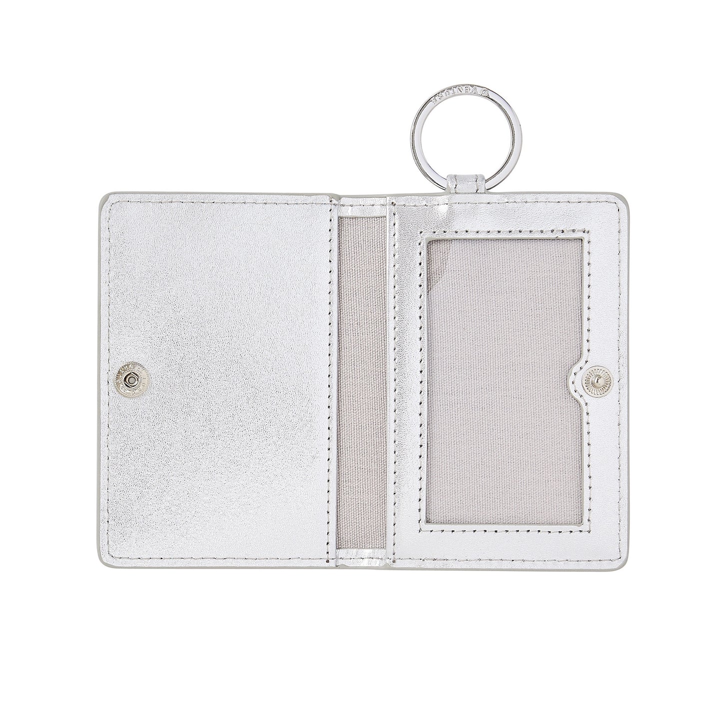 Silver leather bifold Keychain Wallet with compartments shown open.  