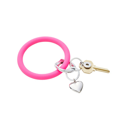 Silver puffy heart key chain. Can stand on its own or be added to a big o key ring in silver. Shown with Hot Pink Silicone Big O Key Ring