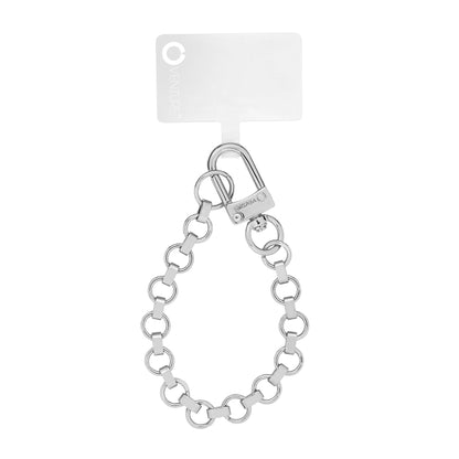 Silver round link wristlet chain with phone connector attached 