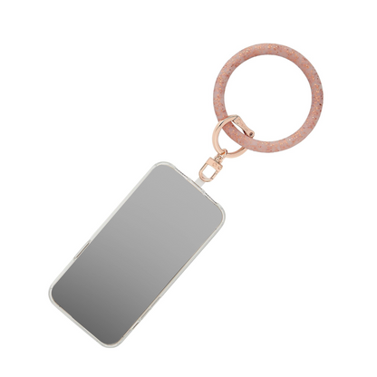 A hands-free rose gold phone tab connector.