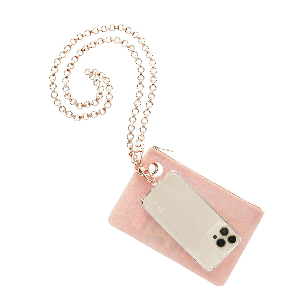 Rose Gold Crossbody Chain with Phone connector attached and Large Silicone Rose Gold Pouch