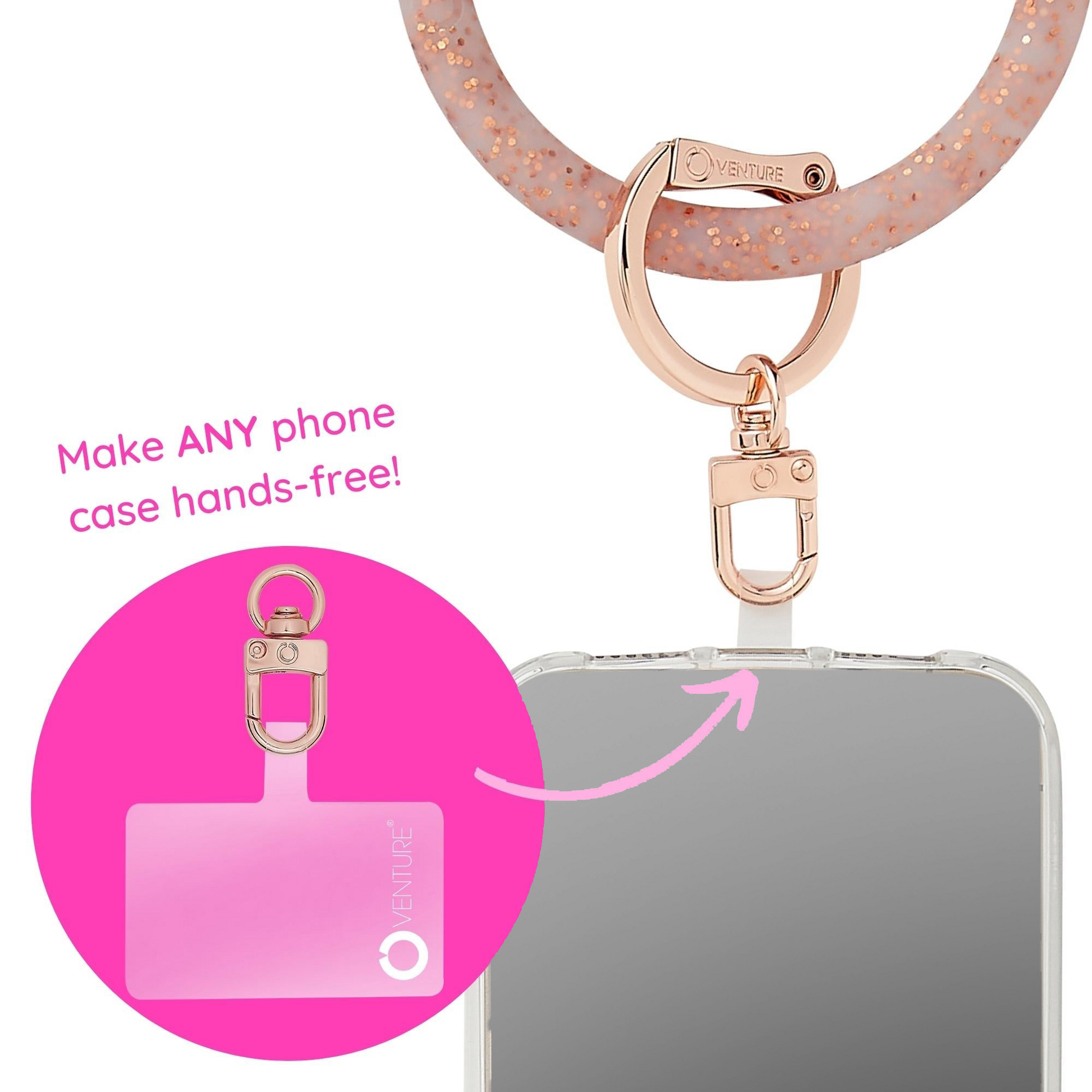 A hands-free rose gold phone tab connector.