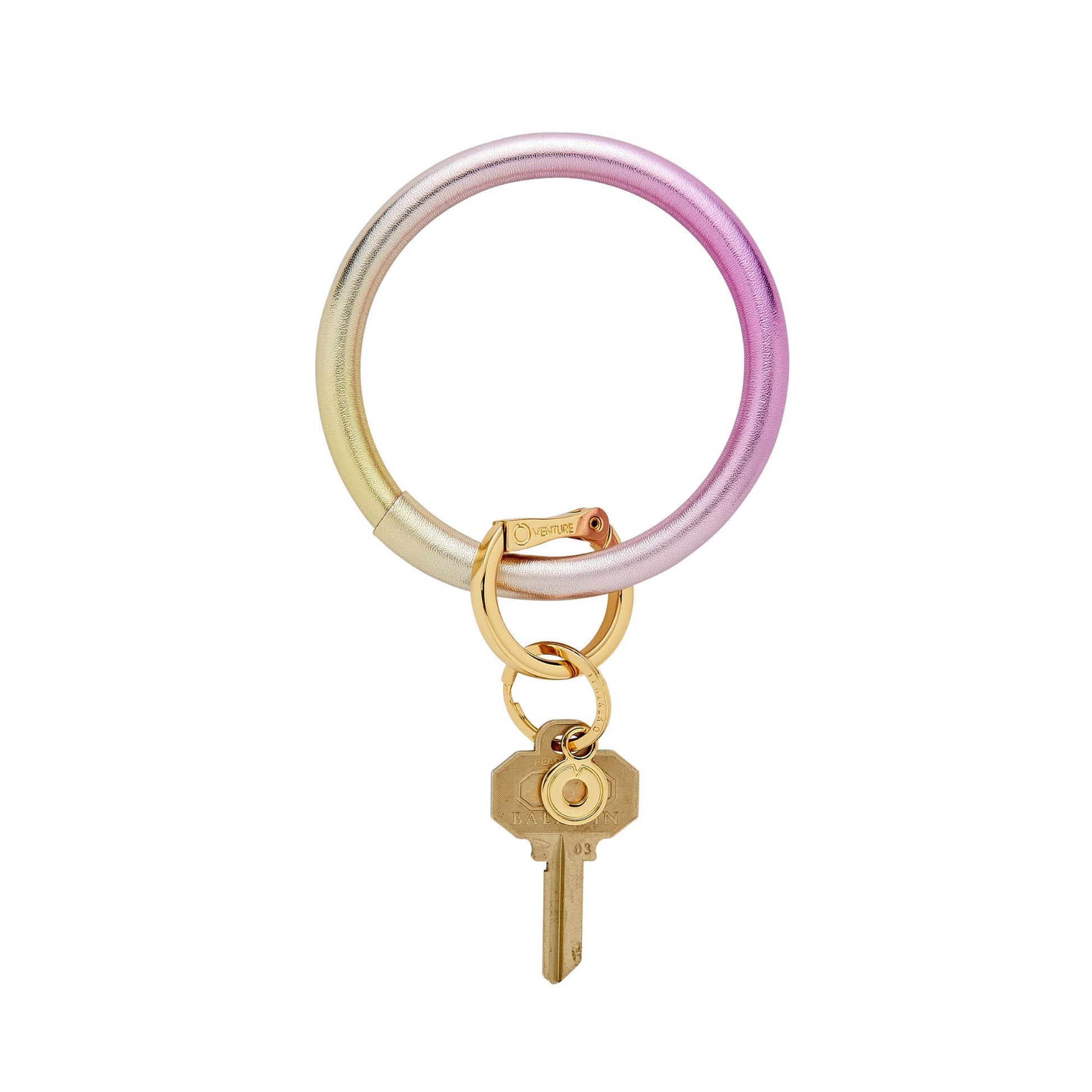 Back side of the leather big o keyring in ombre leather with gold hardware