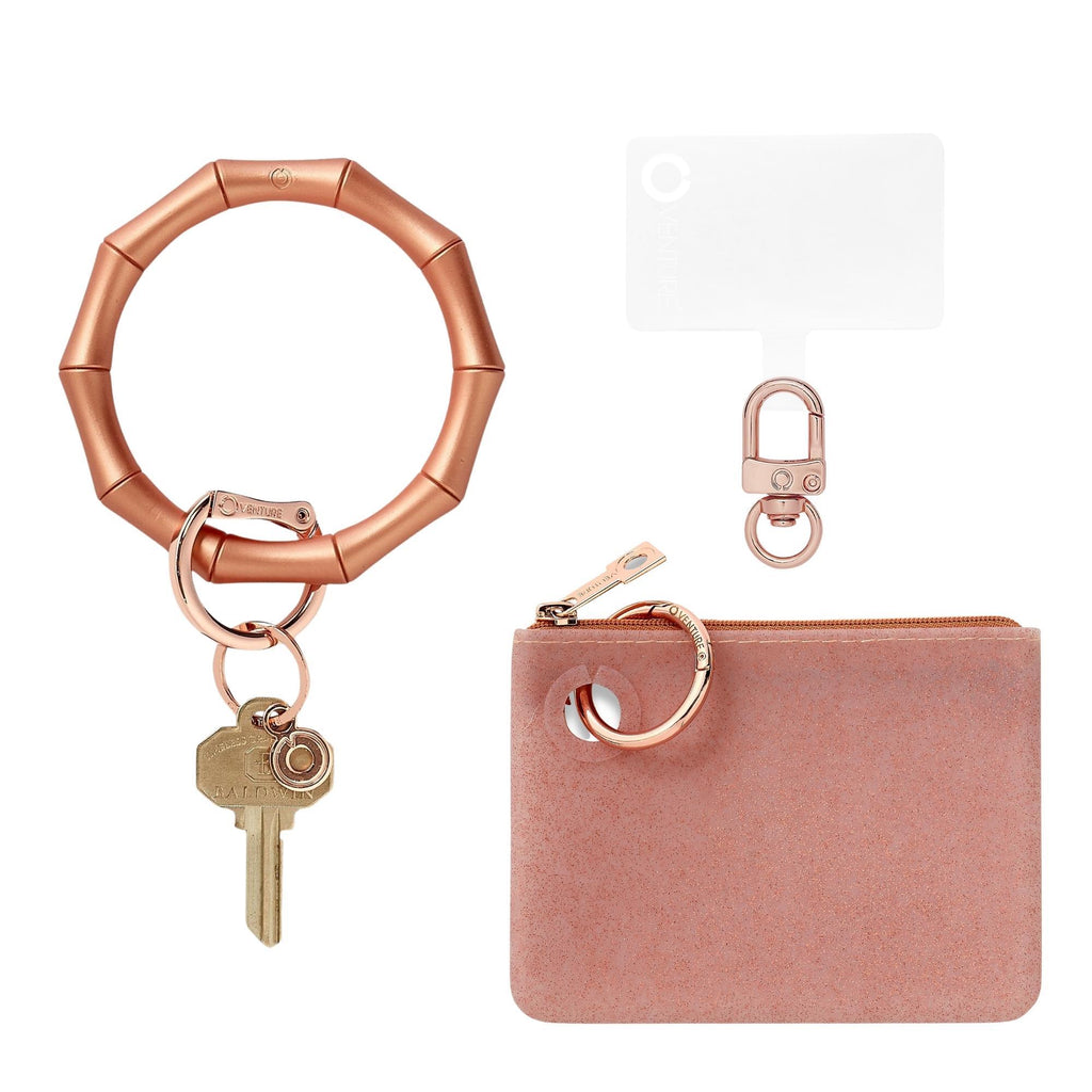 Rose gold bamboo silicone 3 in 1 set with Rose Gold Bamboo Big O Key Ring, Mini Silicone pouch in Rose Gold Confetti and Phone Connecter 