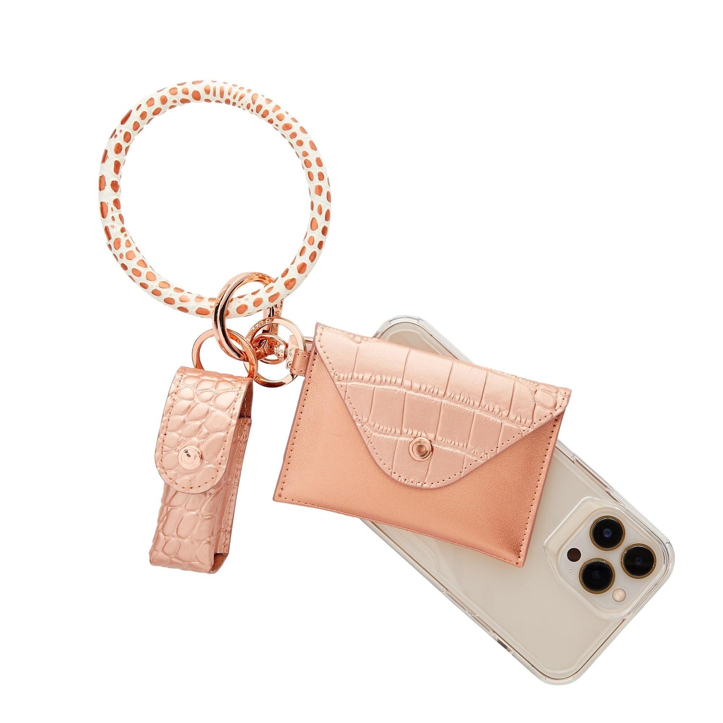 Rose Gold - The Hook Me Up™ Universal Phone Connector by Oventure with an attached lipstick holder in rose gold leather and mini wallet in rose gold leather