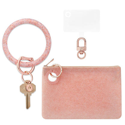 Stylish Large Pouch Wristlet with Phone Holder in rose gold.