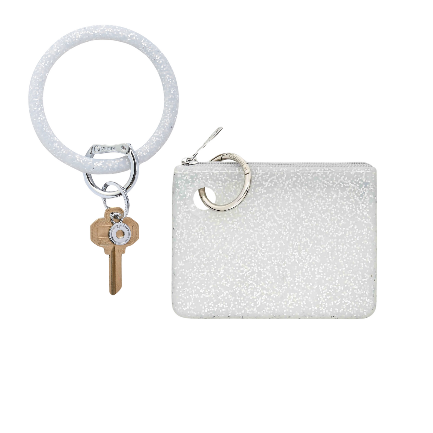 Mini pouch wristlet in smooth silicone material in silver confetti.