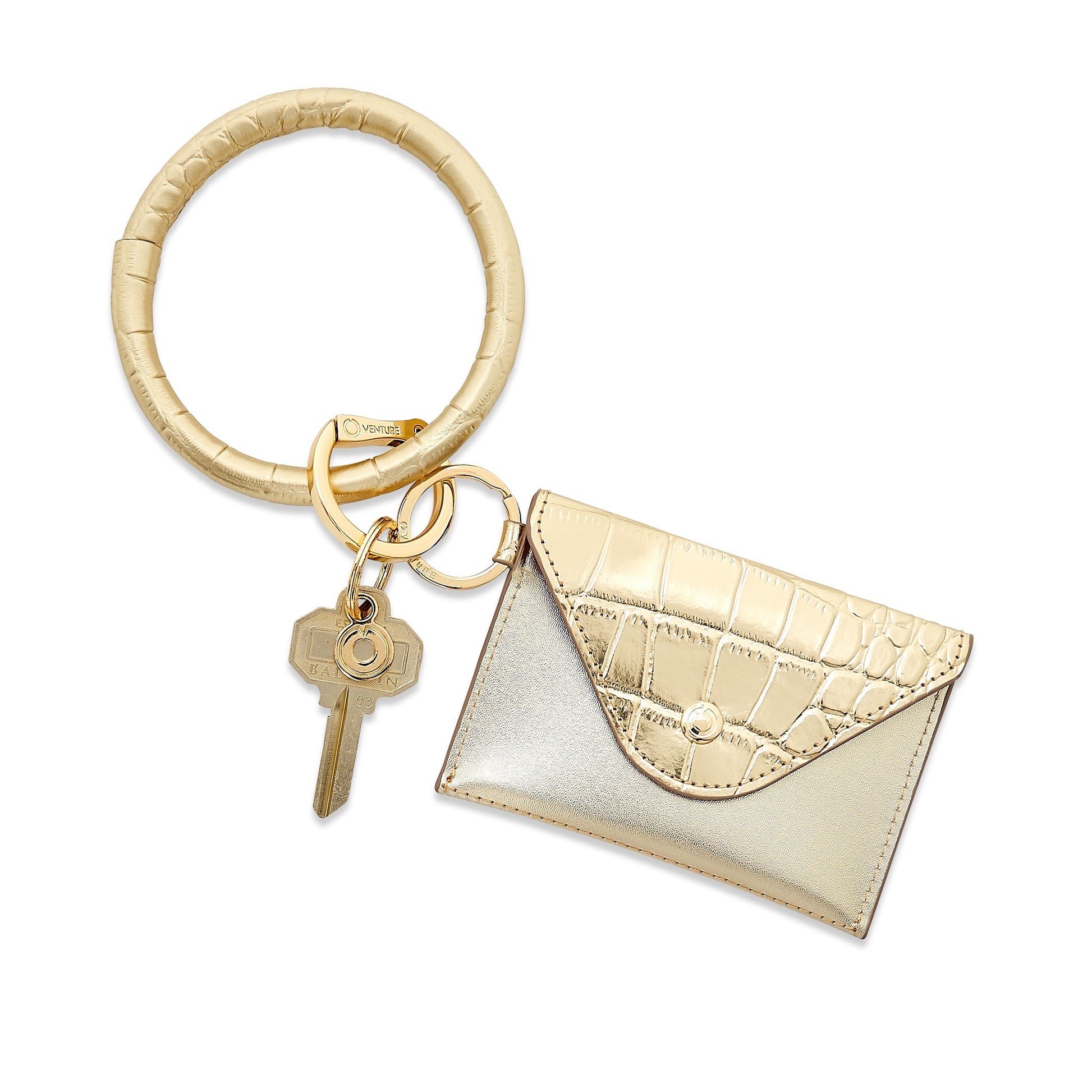Solid Gold Rush Croc-Embossed - Mini Envelope Wallet by Oventure attached to Big O Key Ring in Solid Gold Rush Croc embossed leather.