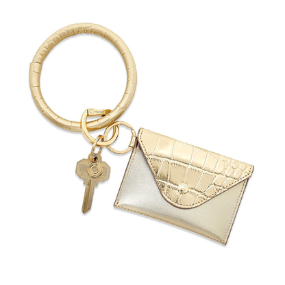 Stylish leather keychain wallet in mini envelope design.  Shown attached to designer leather keyring.