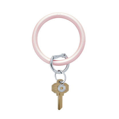 Pearlized Silicone Rose Big O Key Ring. Light pink with a metallic sheen with silver locking clasp