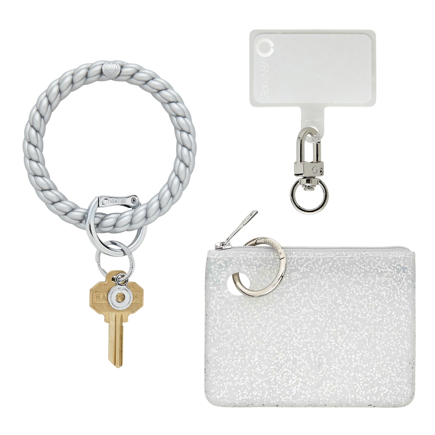 Braided silicone Three in one set with Big O Keyring in silver braid, phone connector and mini silicone pouch in silver confetti