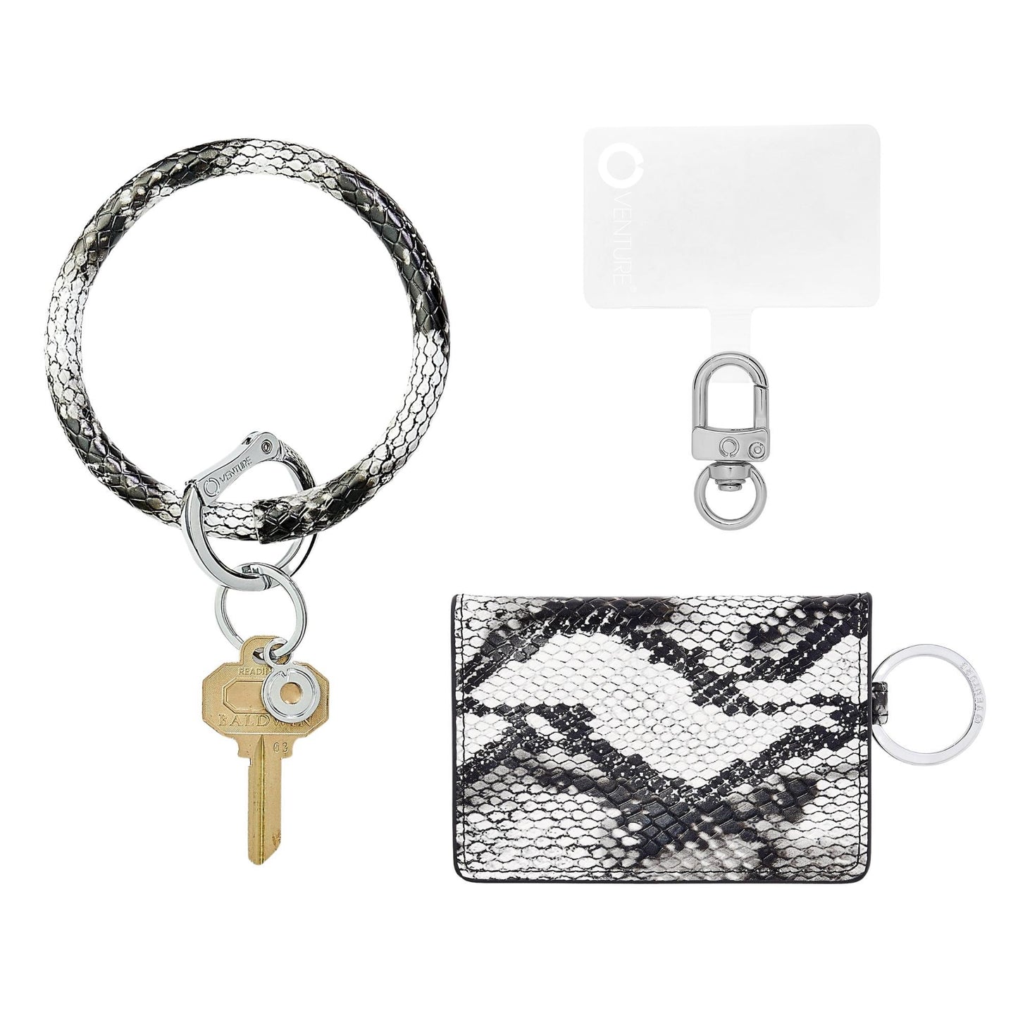 Leather Big O Key Ring in Tuxedo Snakeskin, Leather ID case in Snakeskin Tuxedo in back in black and phone hook me up connector