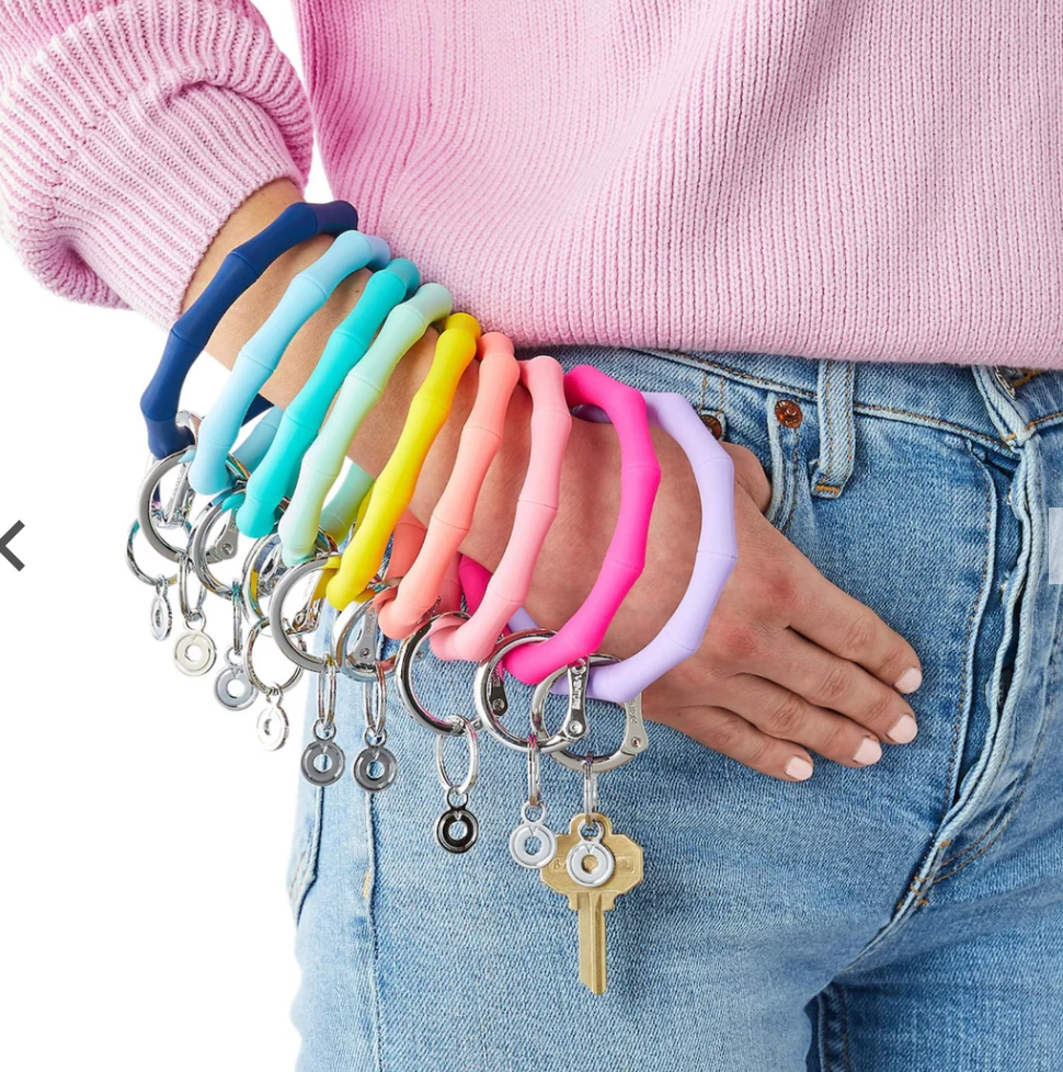 Oventure Original Big O Keyring collection featuring Sweet Carolina blue bamboo-shaped silicone alongside other colorful bracelet keychains, designed for hands-free key carrying and everyday organization.