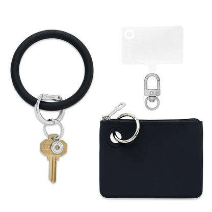 Big O Key Ring with phone tab and mini silicone pouch in black silicone