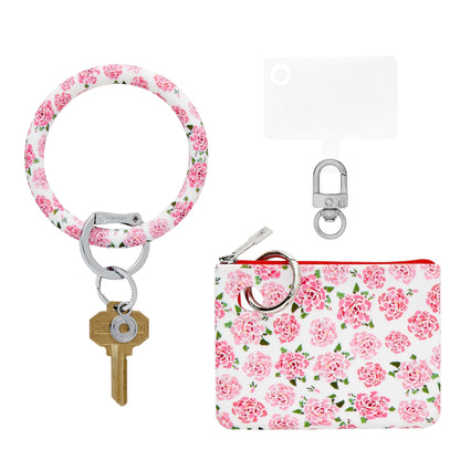 50 States Pink - Mini Pouch and Big O Key Ring Set - Oventure this set includes a big o key ring, a phone connector and a mini silicone pouch. They all have a pink peony print on the silicone