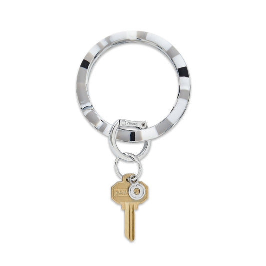 Gray, black and white swirly marble print Silicone Big O Key Ring with silver locking clasp