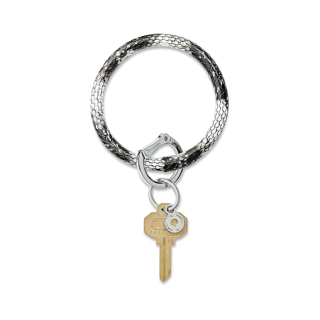Black and white embossed snakeskin print leather Big O Key Ring with silver locking clasp
