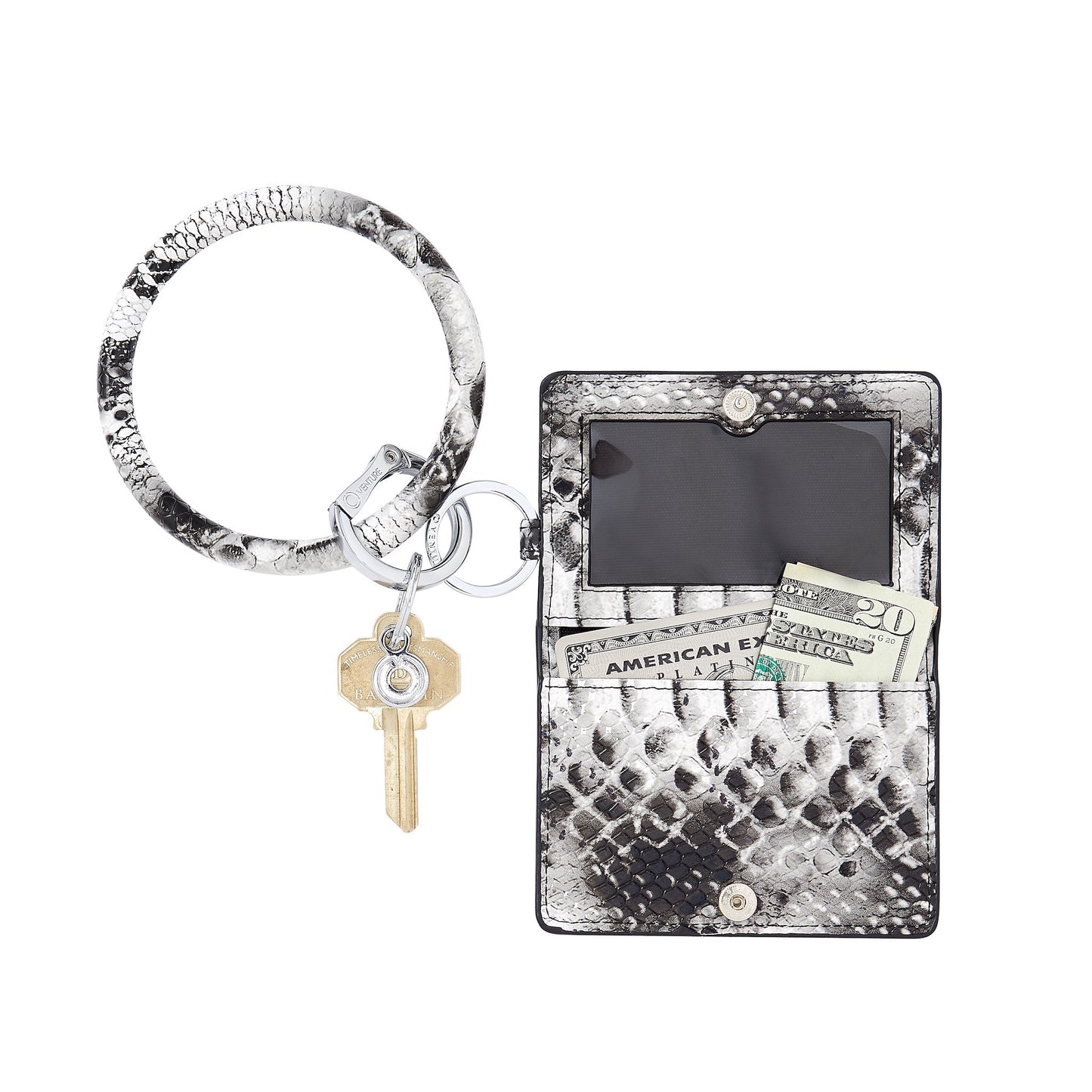 Sleek black and white leather keychain wallet.  Shown attached to black and white leather bracelet keychain.