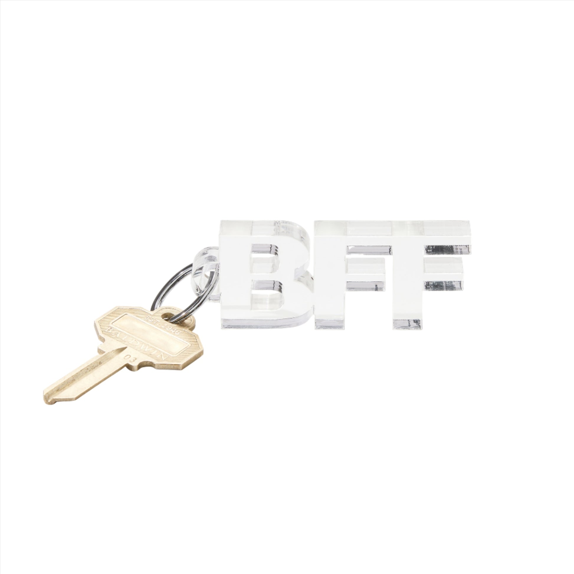 Celebrate friendship with the BFF Acrylic Keychain! This clear acrylic keychain spells out "BFF" in a chic design, perfect for gifting or accessorizing.