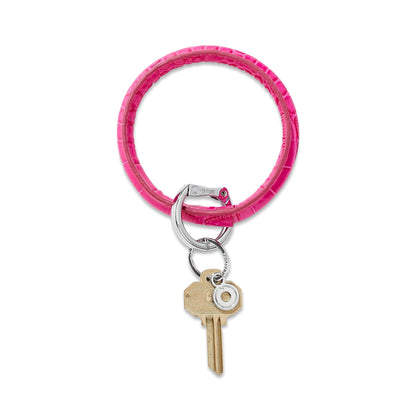 Pink Topaz Croc-Embossed with silver locking clasp- Leather Big O Key Ring - Oventure showing the back seam