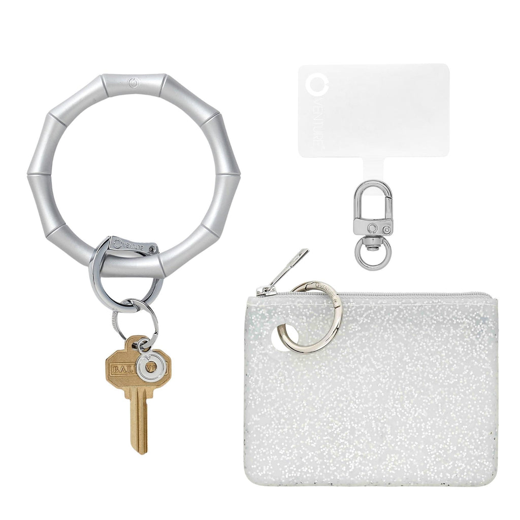Bamboo Solid Quicksilver Big O Key Ring with Phone Hook me up connector and Quicksilver confetti mini pouch