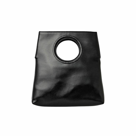 Black handbag with circle handle on white background