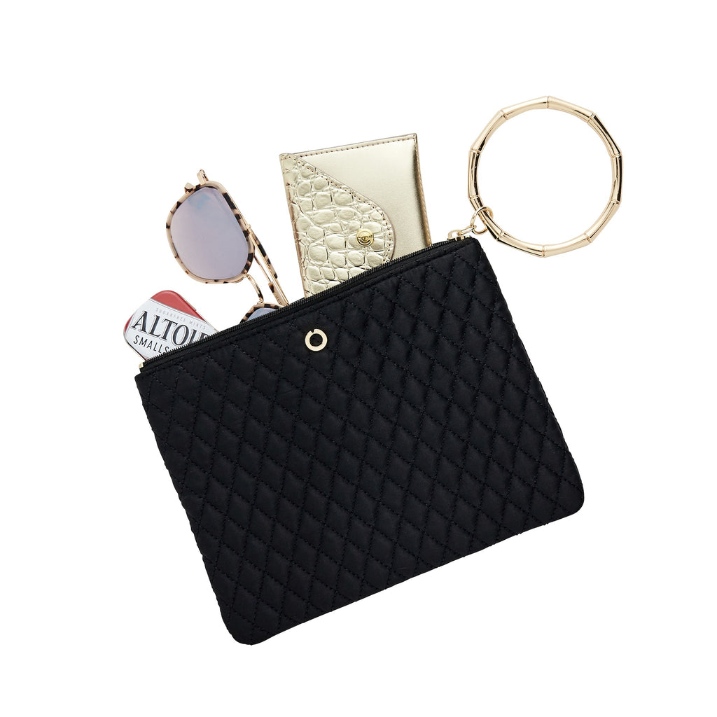 Black quilted bracelet pouch with gold bamboo handle by Oventure